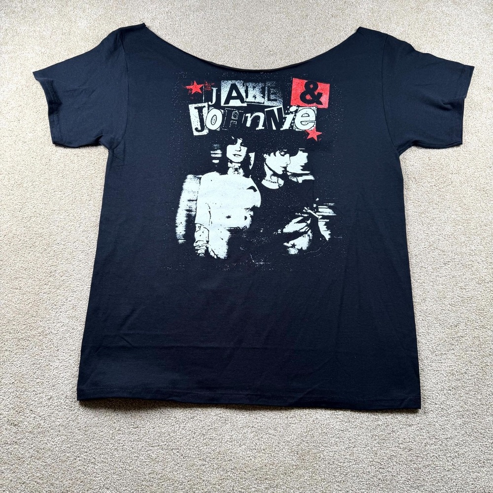 Jake & Johnnie Duo Girls T Shirt Womens Large Black Graphic Cotton Off Shoulder